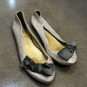 J. Crew Metallic Ballet Flats with Bow 7 1/2